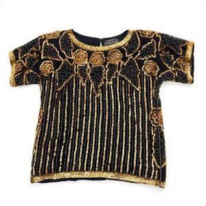 Vintage Jean for Joseph Le Bon Black Gold Sequin Floral‎ Beaded Silk Top Sz S